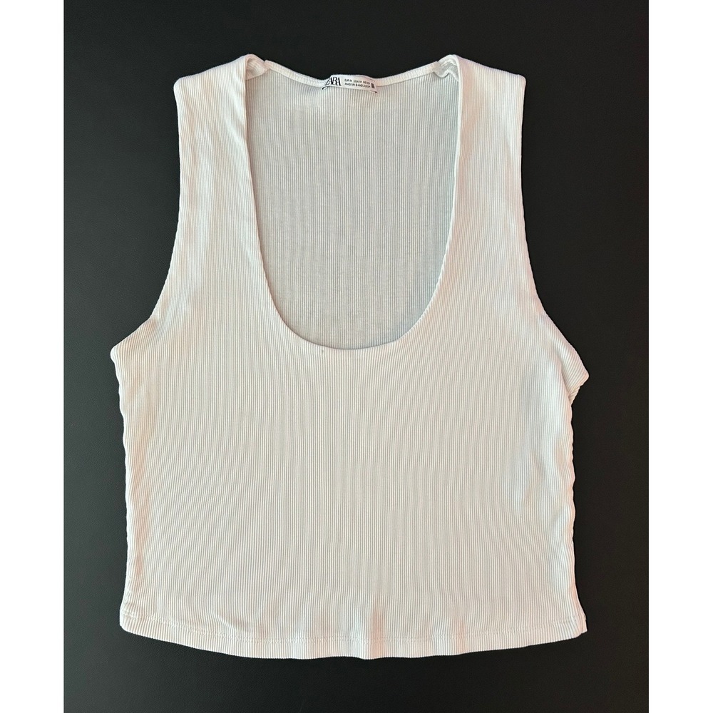 Zara White Ribbed Knit Scoop Neck Tank Top Sleeveless Basic M 1421